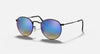 Round sunglasses with blue gradient lenses on a black frame