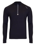 Hot Chillys Men Micro Elite Chamois Zone Zip-T Midweight Base Layer in action, showcasing its ergonomic fit and technical features.