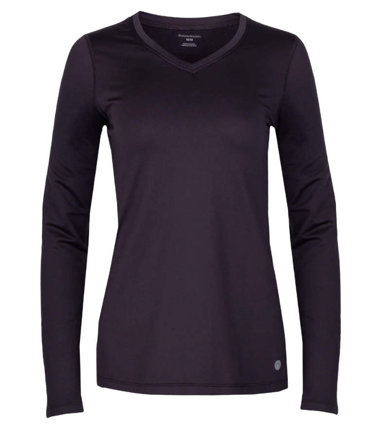 Image of SnowAngel Doeskin V-Neck Crew Midweight Hourglass Fit Women Base Layer showcasing luxurious softness, lightweight design, and modern look for activewear. Black