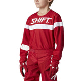 Red kids motocross outfit with 'SHIFT' and white stripe for dirt bike youth sports