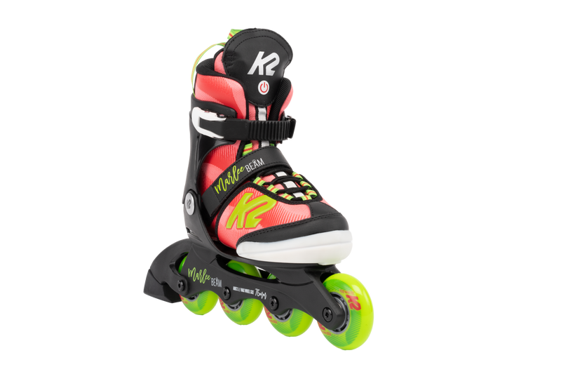 K2 Marlee Beam Kids Inline Skates - Bright blue and pink inline skates with light-up wheels, designed for outdoor fun and active kids