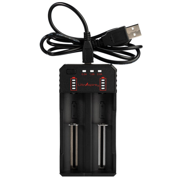 UltrAspire Battery Charger 18650 with flashing bar display for battery life and charge percentage