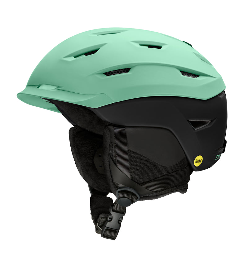 SMITH Liberty MIPS Women's Winter Helmet - Front view, showcasing hybrid shell design and adjustable vents green