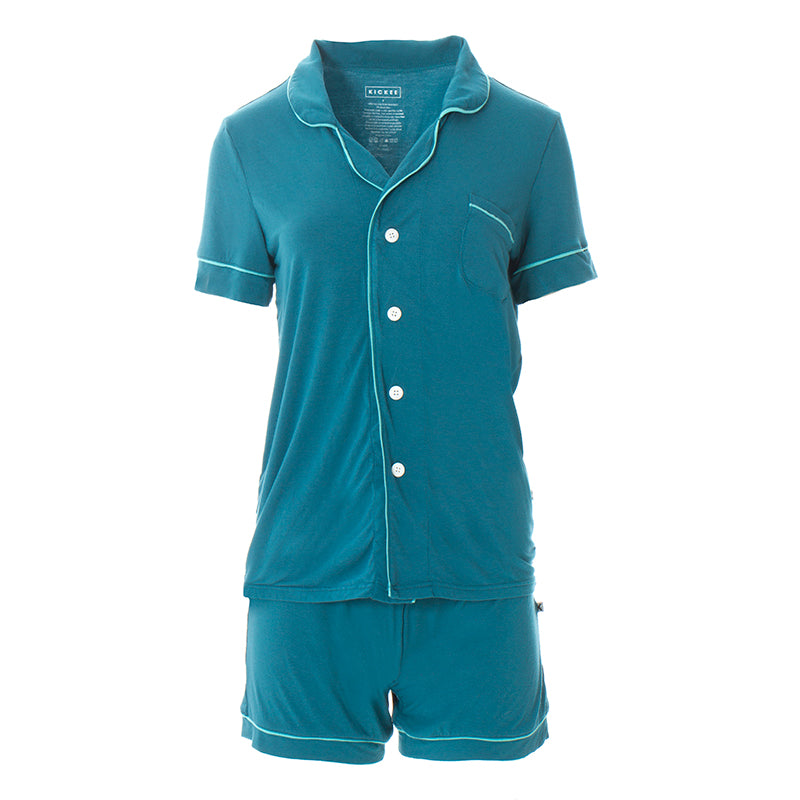 Kickee Pants Women's Solid Short Sleeve Collared Pajama Set with Shorts