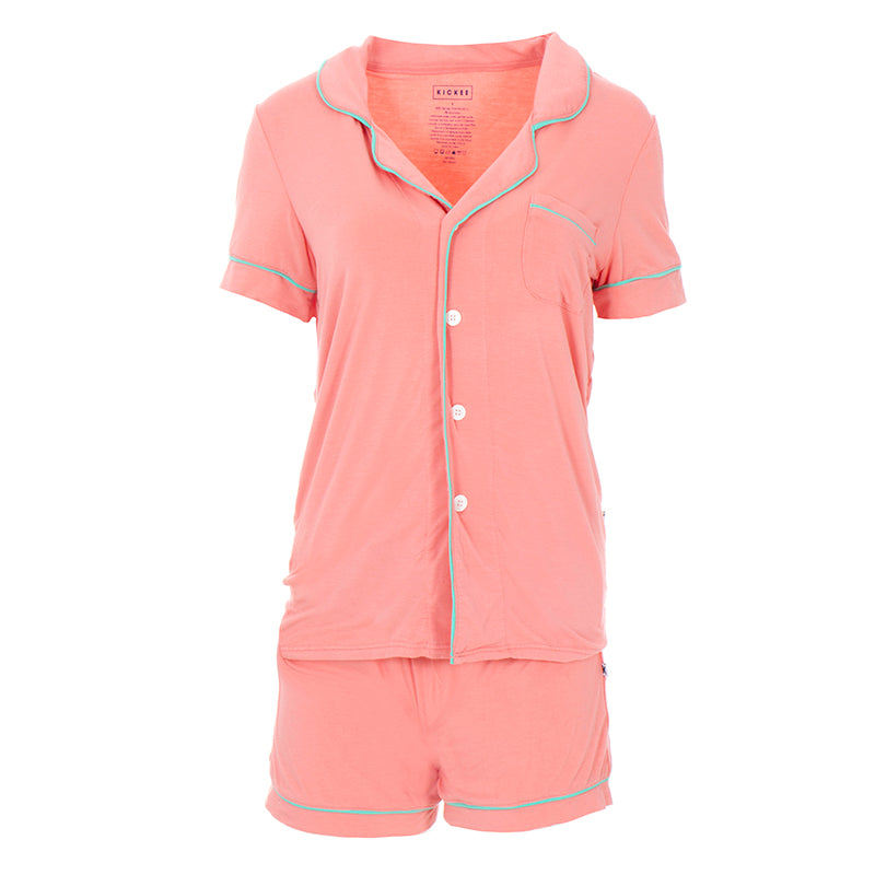 Kickee Pants Women's Solid Short Sleeve Collared Pajama Set with Shorts