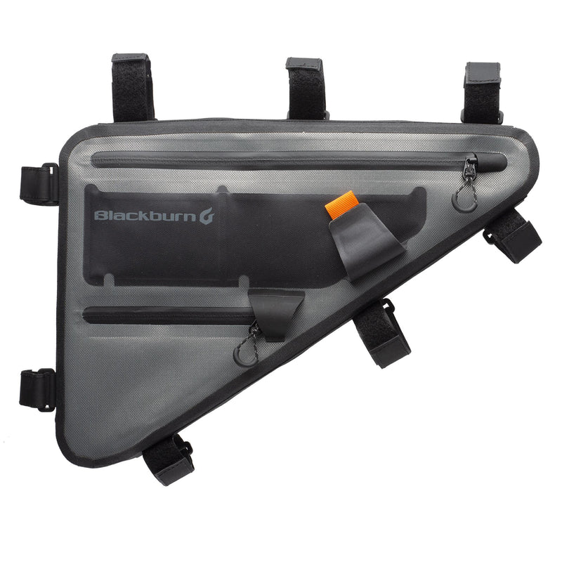 Blackburn Outpost Elite Frame Bag attached to a bike, showcasing waterproof design and Hypalon straps