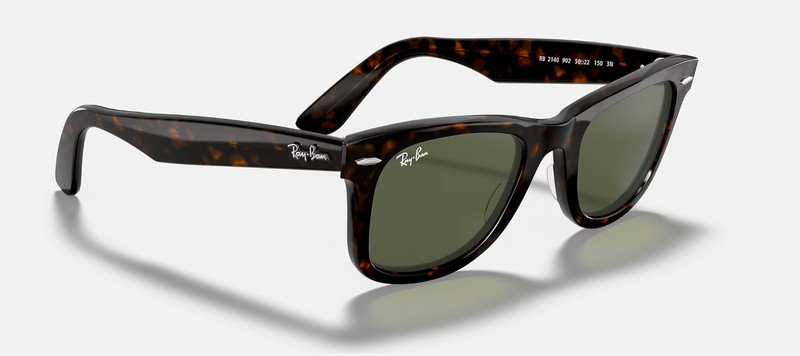 Ray-Ban Wayfarer Classic sunglasses in various colors with polarized and gradient lenses, featuring acetate frames and iconic logo.